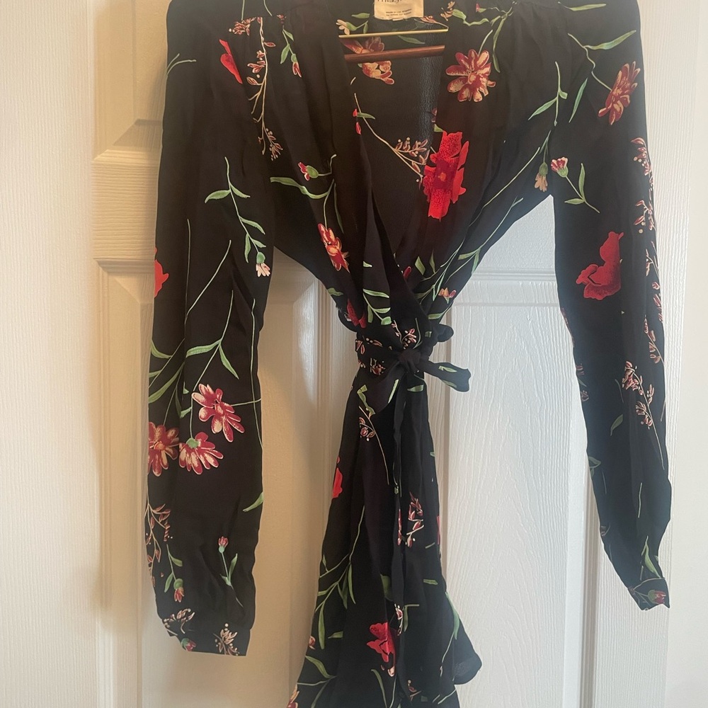 Black Floral Wrap Dress Black with Red & Pink flowers